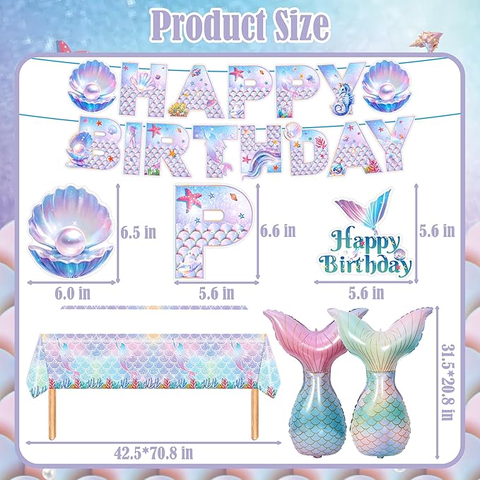 Mermaid Birthday Decorations Party Supplies Include Plates, Napkins, Cups, Cake & Cupcake Toppers, Tablecloth, Banner, Hanging Swirls, Balloons for Girls Mermaid Birthday Party