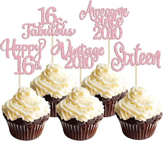 Ephlyn 30Pcs Vintage 2010 Cupcake Toppers Glitter Sixteen Happy 16th Birthday 16 Fabulous Cupcake Picks Cheers to 16 Years for 16th Birthday Wedding Anniversary Party Cake Decorations Supplies Pink
