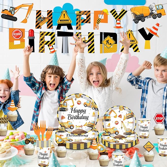 Construction Birthday Party Supplies for 24 Guests - Decorations Include Plates, Napkins, Cups, Tablecloth, Cake Toppers for Boys Construction Theme Birthday Party