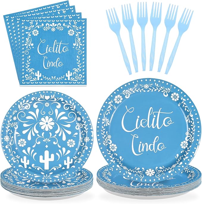 96Pcs Blue Cielito Lindo Party Decorations Mexican Fiesta Baby Shower Plates and Napkins Set Mexico Talavera Decorations for Boys Cinco De Mayo Mexican Gender Reveal Birthday Party Supplies Serves 24