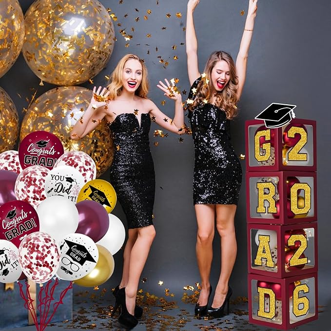 Graduation Decorations Class of 2026 - Maroon and Gold Graduation Decorations - Balloons Boxes with Letters 2026 GRAD So Proud of You, Congrats Grad Party Decorations for Any Grades