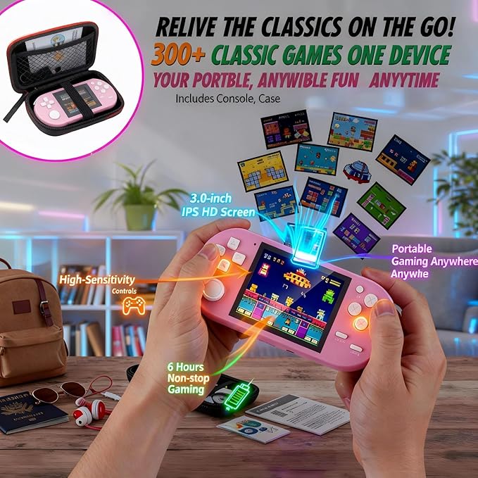 16-Bit Handheld Game Console - 3 Inch HD Screen 300-in-1 Retro Games - Portable Classic Video Game Player for Kids & Adults, Include Protective Carrying Case (Pink)