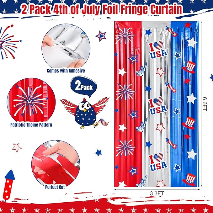 Red White Blue Decorations 2 Pack 3.3 x 6.6 Ft Red White Blue Tinsel Foil Fringe Curtains America Star Firework Streamer Backdrop Photo Prop for Patriotic Independence Memorial Labor Day