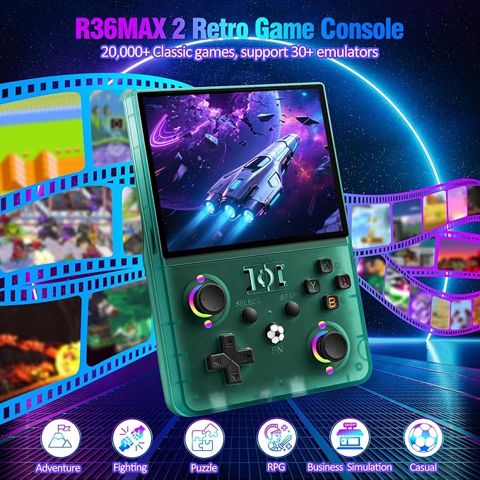 R36MAX 2 Retro Handheld Game Console, 4.5" IPS HD Screen 1024*768 Retro Gaming Console with Detachable Joystick, 20,000+ Classic Games, 30+ Emulators, Pocket Hand Held Video Games (Transparent Green)