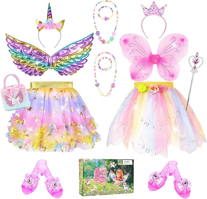 Princess Dress Up Unicorn & Fairy Costume for Girls, Toddler Tutu Set with Wings, Shoes, Jewelry, Headband, Pretend Play Fairy Toys for Girls Ages 3 4 5 Christmas Birthday Gift Rainbow