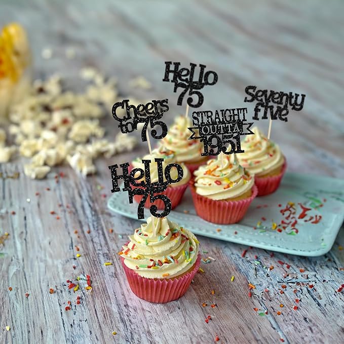 Ephlyn 24Pcs 75th Birthday Cupcake Toppers Glitter Straight Outta 1951 Cupcake Picks Hello 75 Cheers to 75 Years Cake Decorations for 75th Birthday Anniversary Party Decorations Supplies Black