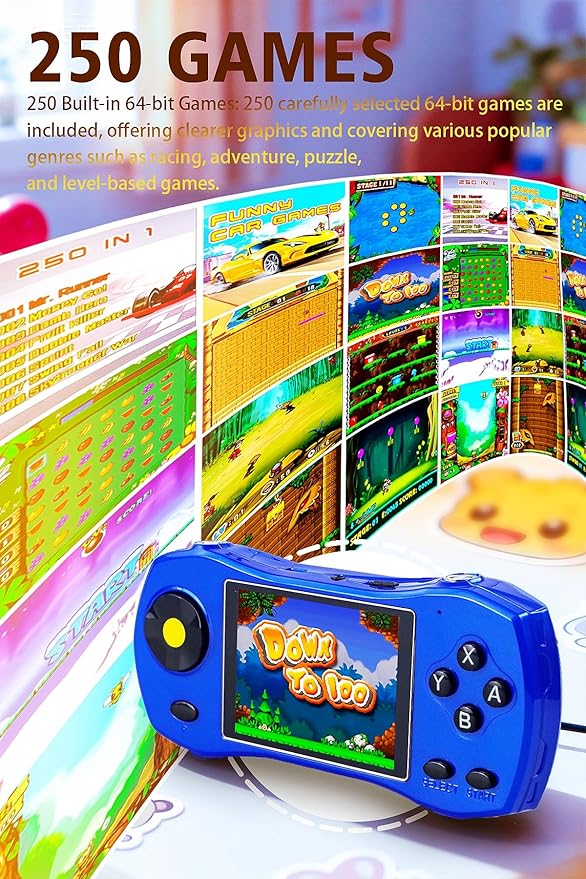 Children Game Console 3-inch Screen Sports car Design 250 64-bit Games TV Connectable Portable Video Games for Indoor/Outdoor/Travel Perfect Birthday/Holiday for Kids