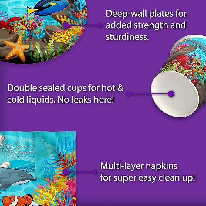 Ocean Sea Life Birthday Party Supplies Set Plates Napkins Cups Tableware Kit for 16