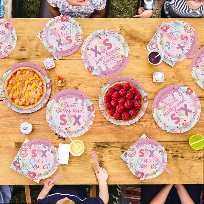 96 Pcs Sweet Sassy and 6 Birthday Decorations Donut 6th Birthday Party Decorations for Girls Colorful Donut Plates and Napkins 6 Years Old Disposable Party Supplies Serves 24