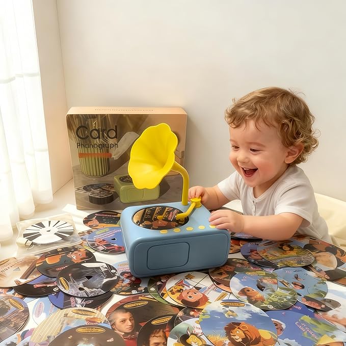 2026 New Kids Phonograph with 96 Audio Cards + 8 DIY Recordable Cards - Toddler Gramophone Record Player - Early Education Phonograph Story Machine-Bedtime Story Music Player (Pink)