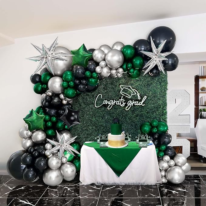 emerald green and silver black balloon garland arch kit 160pcs with star five-pointed star mylar balloon for Birthday anniversary 2026 graduations Prom decorations