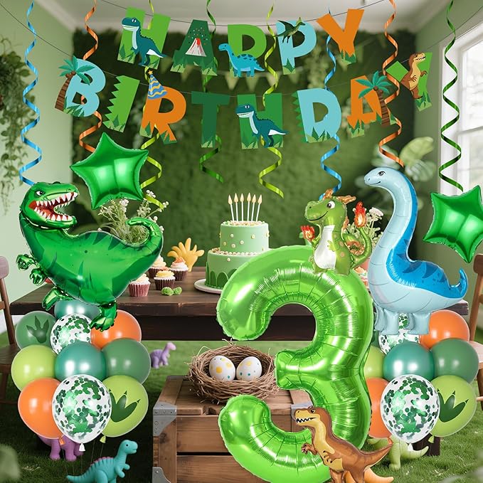 Amandir Dinosaur 3rd Birthday Party Decorations for Boys Girl, Foil Green Star Number 3 Dinosaur Balloons with Happy Birthday Banner Hanging Swirls for Three Rex Dino Baby Shower Kids Party Supplies