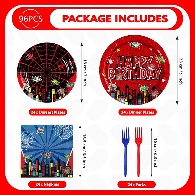 Grencian 96Pcs Cartoon Spider Birthday Party Decorations Red Blue Spider Birthday Plates and Napkins Disposable Hero Paper Tableware Set for Kids Baby Shower Super Theme Party Supplies, Serves 24