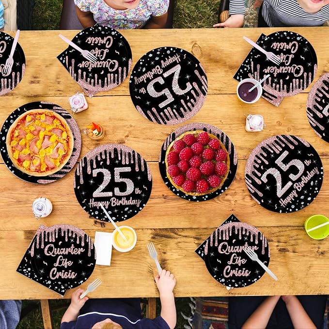 96 Pcs 25th Birthday Party Decorations Rose Gold and Black Happy 25th Birthday Paper Plates and Napkins Quarter Life Crisis Birthday Decorations for Women 25 Years Old Party Supplies Serves 24