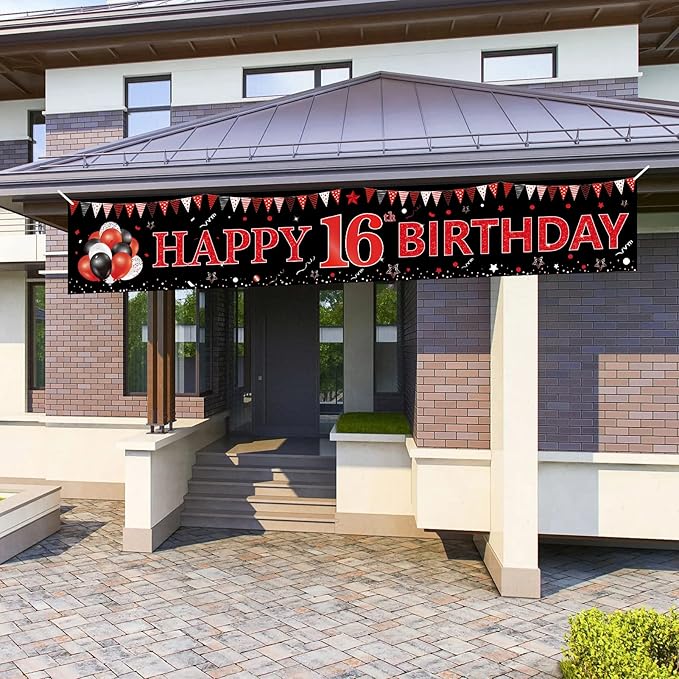 Red Black 16th Birthday Banner Decorations for Boys Girls, Black and Red Happy 16 Birthday Yard Banner Sign Party Supplies, Large Sixteen Year Old Birthday for Outdoor Indoor (9.8x1.6ft)