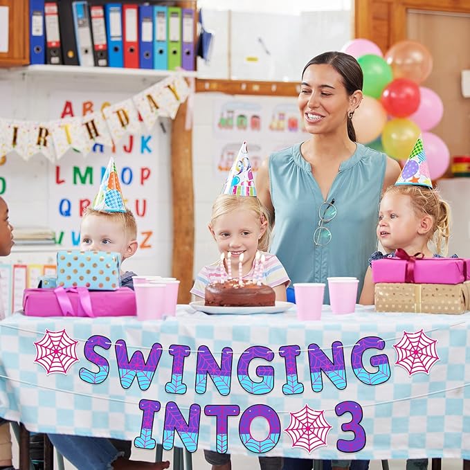 TaoBary Spider Theme 3rd Birthday Banner, Pre-strung Swinging into 3 Banner, Spider 3rd Birthday Decorations Party Supplies for Kids, Third Decor for 3 Year Old Boys Girls(Pink and Purple)