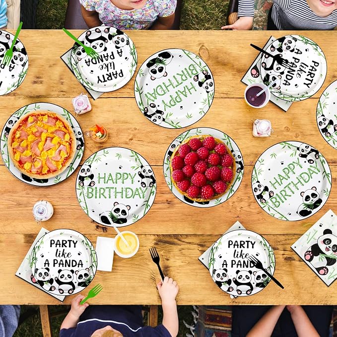 96 Pcs Panda Birthday Decorations Party Like a Panda Paper Plates and Napkins Green Bamboo Animal Themed Tableware Sets for Kids Birthday Baby Shower Newborn Party Supplies Serves 24