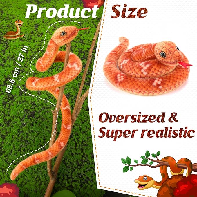 Snake Plush, Stuffed Snake Animal, 27 in Small Toy Snakes for Kids, Giant Stuffed Animals Snake, Lifelike Plush Snake for Birthday Present Party Prank Prop (Brown)