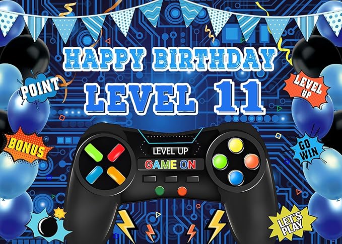 Game Theme Level 11 Birthday Backdrop Video Game Happy 11th Birthday Party Decorations Level Up Theme Boys Kids Birthday Party Supplies(7×5FT)