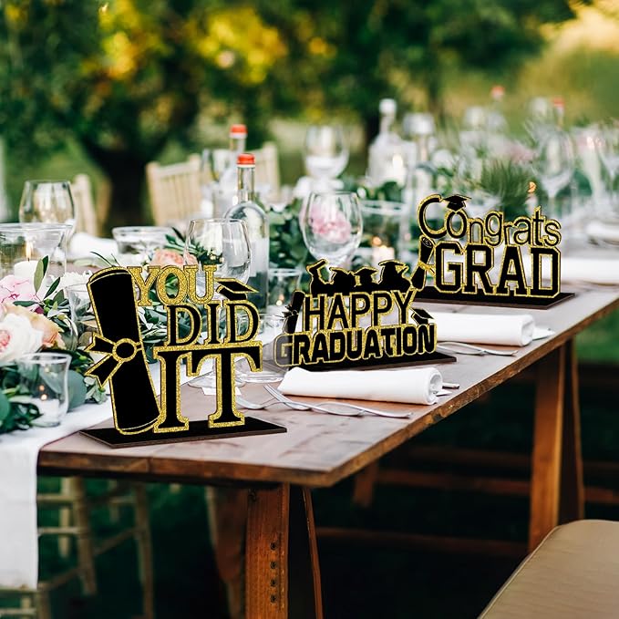 4 Pcs KSKSPE Graduation Decorations Party Supplies Table Centerpieces,Graduation Theme Design and Sturdy Wooden for Graduation Party Favors Decorations,Black