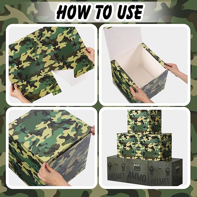19 Pcs Camo Boxes Decor Army Party Decorations Including Camo Boxes Camo Netting and Palm Leaves for Hunting Military Army Military Enthusiasts Jungle Camo Party Birthday Party Supplies