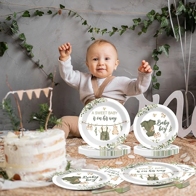 96Pcs Greenery Baby Shower Plates and Napkins Decoration Sage Green Baby Boy Party Tableware Dinnerware Set A Sweet Boy Is On His Way Paper Plates for Gender Reveal Party Supplies Serves 24 Guests