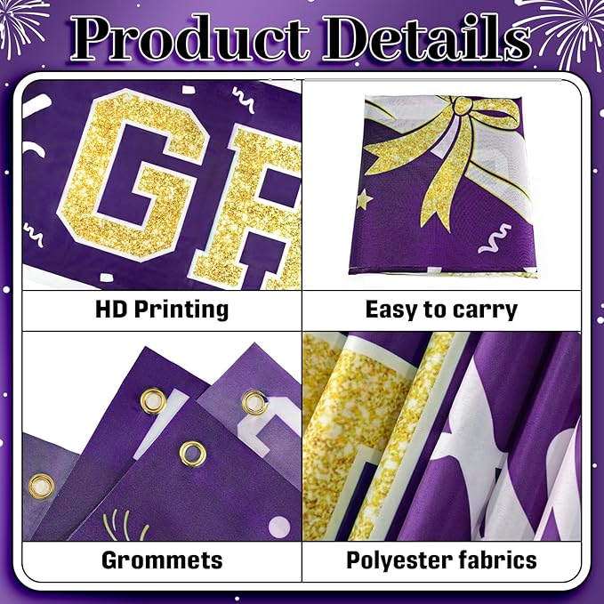 Graduation Banner Class of 2026 - Large Congrats Grad Yard Sign 2026 Purple Gold Congrats Grad Banner Fence Yard Sign for Graduation Decorations Party Supplies