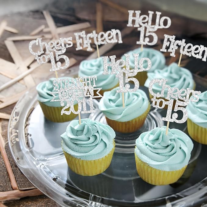 Ephlyn 24Pcs 15th Birthday Cupcake Toppers Glitter Straight Outta 2011 Cupcake Picks Hello 15 Cheers to 15 Years Cake Decorations for 15th Birthday Anniversary Party Decorations Supplies Silver