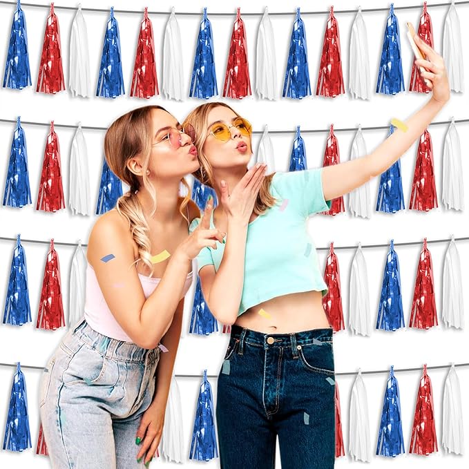 4P Metallic Fringe Tassel Banner Garland Foil Tinsel Streamer Wall Curtain Backdrop for Parade Floats, Graduation, Independence Day, 4th of July, Patriotic Themed Party Decoration(White Blue Red)