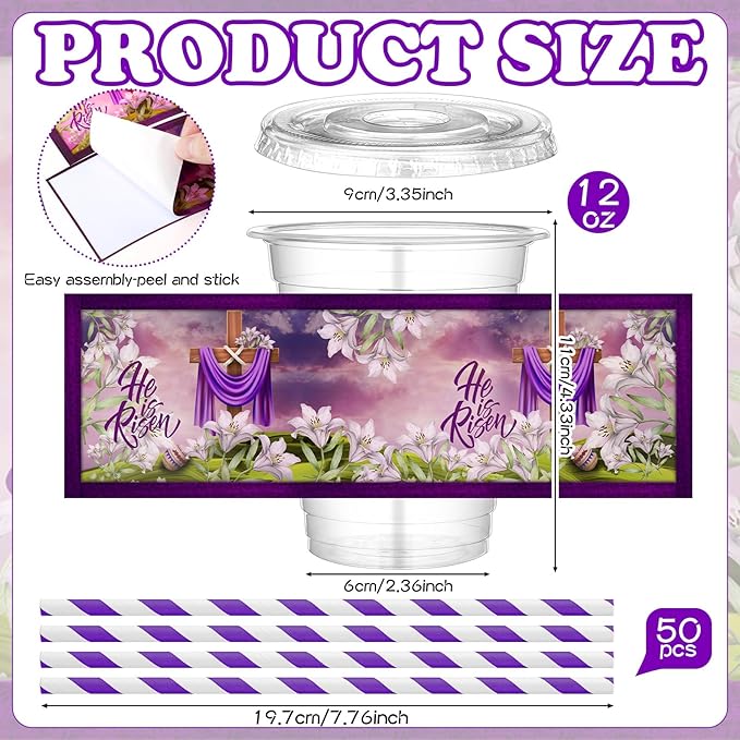 50 Set Easter He Is Risen Disposable Plastic Cups 12 oz with Lids Straws Religious Christian Easter Party Drinking Cups Spring Lily Floral Drinkware for Egg Hunt Holiday Party Supplies