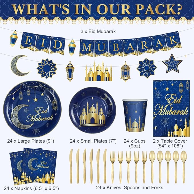 Nuanchu 172 Pcs Eid Mubarak Party Decorations Ramadan Kareem Party Supplies 9" Plates 7" Plates Cups Cutlery Napkins 2 Tablecloths 2 Eid Mubarak Banner for Muslim Islamic Al Fitr , Serves 24