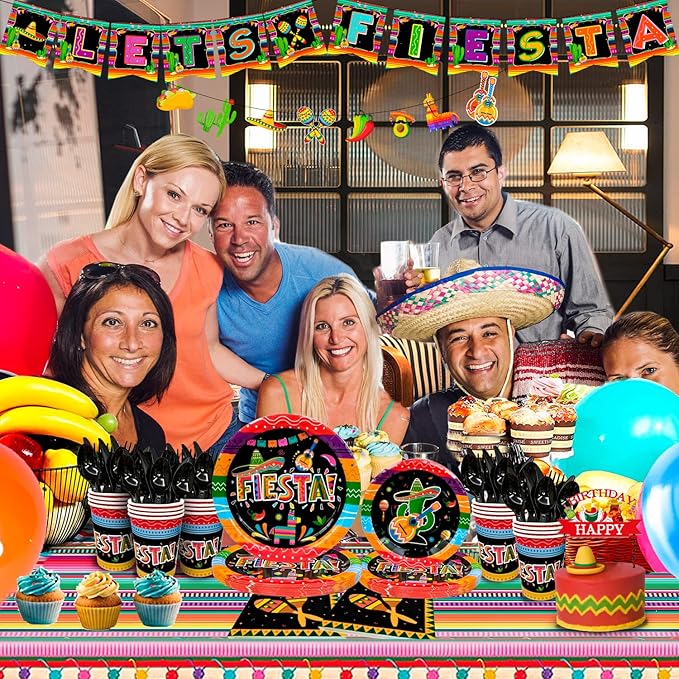 Mexican Themed Fiesta Party Supplies,161pcs Mexican Party Paper Tableware Set Includes Mexican Fiesta Plates Cups Napkins Tablecloth and Banner etc Fiesta Party Decorations Tableware, for 20 Guests
