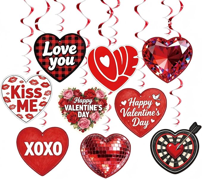 48 Pcs Red Heart Hanging Decor Set with Diamond, Disco Ball, Dartboard & XOXO Designs – Romantic Swirl Streamers for Valentine's Party, Anniversary, Holiday Celebration
