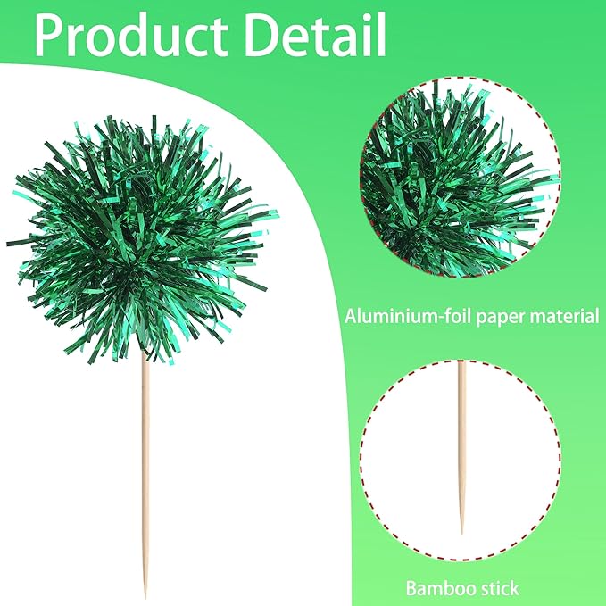 40 PCS Foil Firework Cupcake Toppers Green Sparkler Cupcake Picks Sparkle Tinsel Fireworks Decorations Cocktail Fruit Toothpick for Firework Theme Birthday Wedding Graduation Party Decoration Supplies