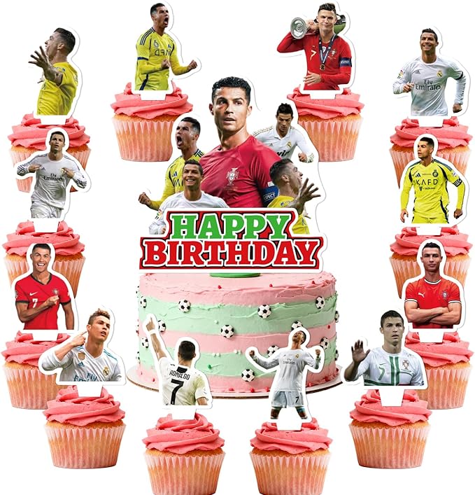 25Pcs Soccer Ronaldo Birthday Party Supplies Pack Includes 1 Cake Topper 24 Cupcake Toppers for Soccer Ronaldo Party Supplies