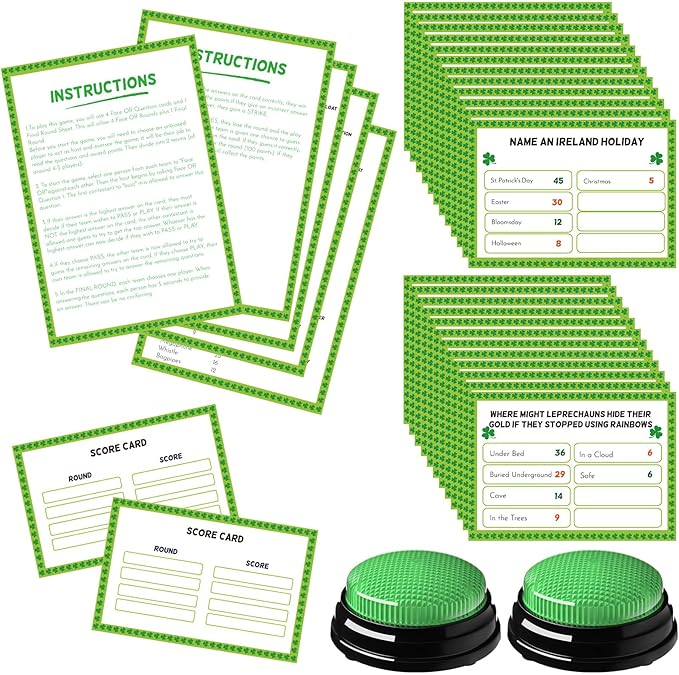 Soulchen 32 Pcs St. Patrick's Day Friendly Feud Game Set St. Patrick's Day Party Game Trivia Quiz 30 Card 2 Buzzer for Adults Family Irish Home Games Activities Party Supplies, Battery Not Included
