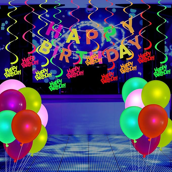 Glow Neon Party Supplies Set Glow in the Dark Happy Birthday Banner with UV Black Light Reactive Cake Topper Swirls Neon Fluorescent Latex Balloons Stars for Birthday Party