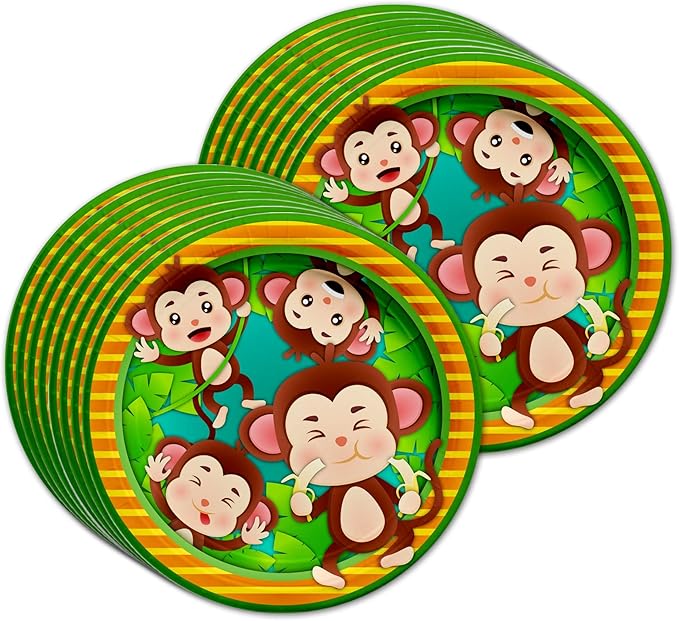 Monkey Birthday Party Supplies - Jungle Animal Party Supplies - Zoo Animal Party Supplies | Tableware Set Includes Plates, Napkins and Cups | Kit for 16