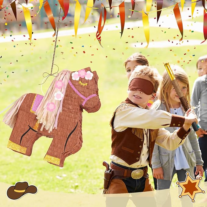 WERNNSAI Horse Piñata - Cowgirl Birthday Party Decorations Pink Brown Horse Piñata with Blindfold and Bat Western Cowgirl Party Favors for Kids Boys Classroom Activities Game