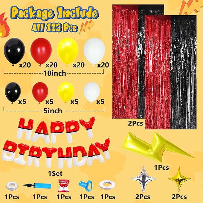 YIIHMEI Cartoon Monster Red Black Yellow White Birthday Party Decorations, Balloons Garland Arch Kit Supplies, Curtains Backdrop with Anime Theme Style Banner Letters Signs for Boy's