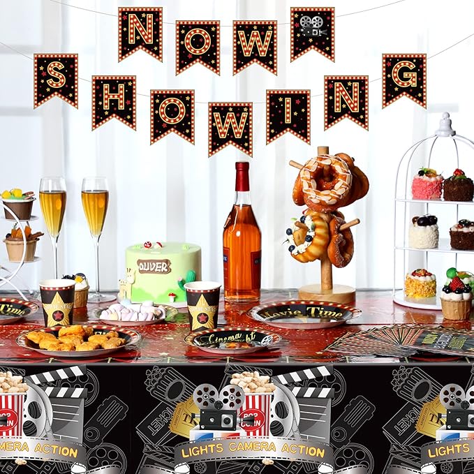 Tiamon 171 Pcs Movie Night Party Supplies Serves 24 Include Movie Theater Tablecloth Now Showing Banner TV Show Theme Plates and Napkins Tableware Set for Red Carpet Birthday Party Decorations