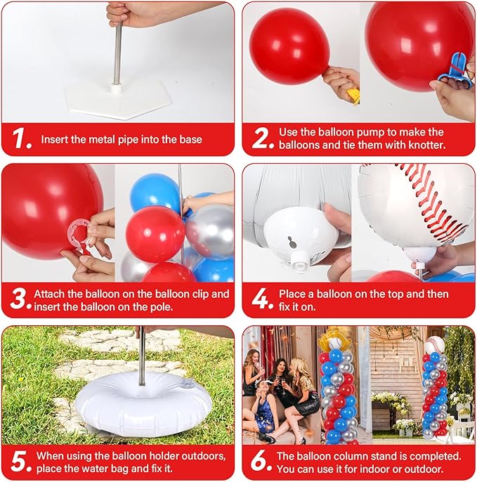 2 Sets Baseball Balloon Column Stand Kit With 102 Red Blue Silver Baseball Glove Foil Balloons Sport 5.57ft Adjustable Balloon Tower Stand With Bases Adjustable Arch Column for Game Birthday Supplies