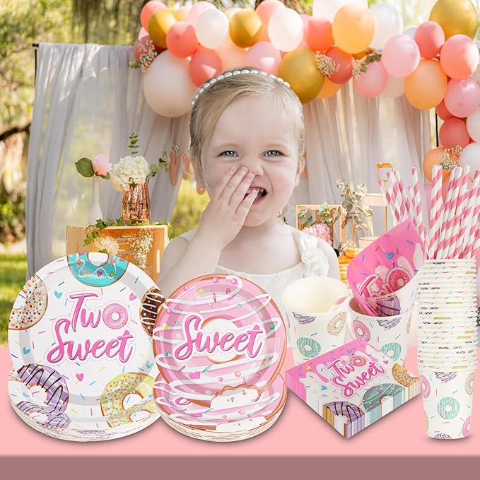 Two Sweet Donut Birthday Party Decorations, 120Pcs Donut Themed 2nd Birthday Donut Party Supplies Disposable and Delightful Tableware Includes Paper Plates, Napkins, Cups and Straws | Serves 24