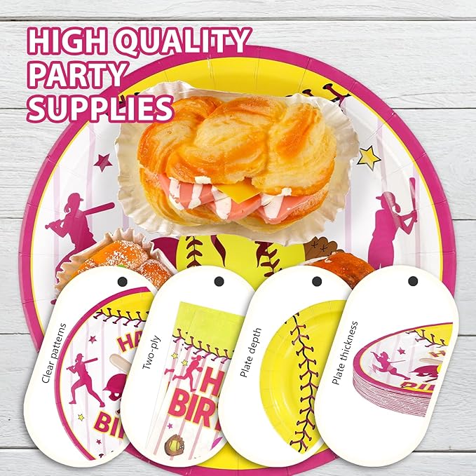 96Pcs Softball Birthday Party Supplies Sport Themed Plates and Napkins Pink Yellow Softball Disposable Paper Tableware Set for Girls Kids Teens Birthday Holiday Party Supplies Serves 24