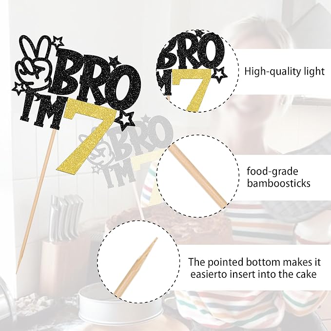 1 PCS Brother I'm 7 Cake Topper Glitter Star Happy 7th Birthday Cake Pick Bro I'm 7 Cake Decoration It's My 7th Birthday Decorations for Boys Cheers to 7 Years Old Birthday Party Supplies Gold
