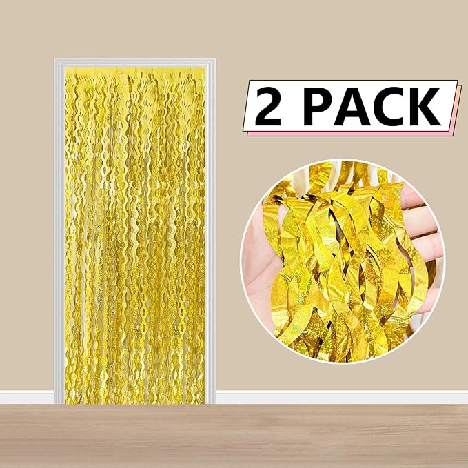 2 Pack Gold Wavy Foil Fringe Curtains, 3.3x6.6 Ft Metallic Tinsel Wavy Backdrop Party Decorations Door Gold Streamers for Birthday Wedding Engagement Decor,Party Supplies