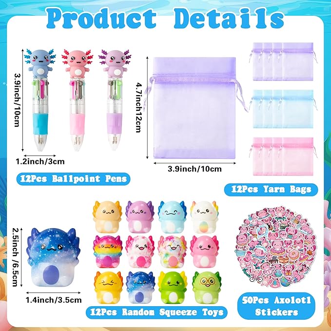 CY2SIDE 12 Pack Axolotl Squeeze Toys Party Favor Gift Set, Included Random Slow Rising Squishy Toys 4-in-1 Ballpoint Pen Cute Stickers and Organza Bag, Axolotl Party Goodie Bag Fillers for Kids Reward