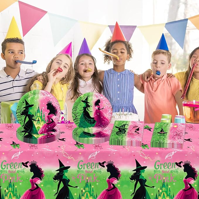 41 PCS Pink and Green Witch Party Decorations Include Pink Plates, Green Plates, Napkins, Tablecloth for Witch Birthday Party Decorations