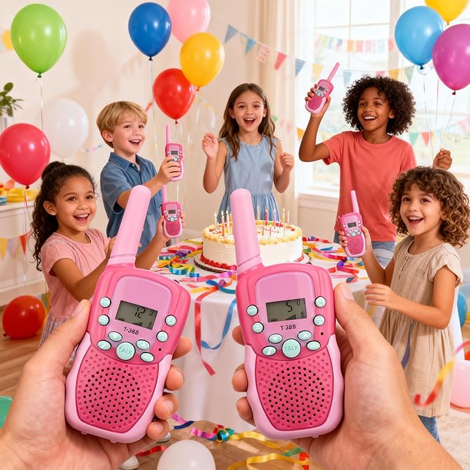 Kids Walkie Talkies T-388 Mini 2 Way Radio USB Rechargeable 22 Channels Long Range Toys for Boys Girls 3-12 Years Old Birthday Gift, Outdoor Adventures, Camping, Hiking (2 Pack, Pink)