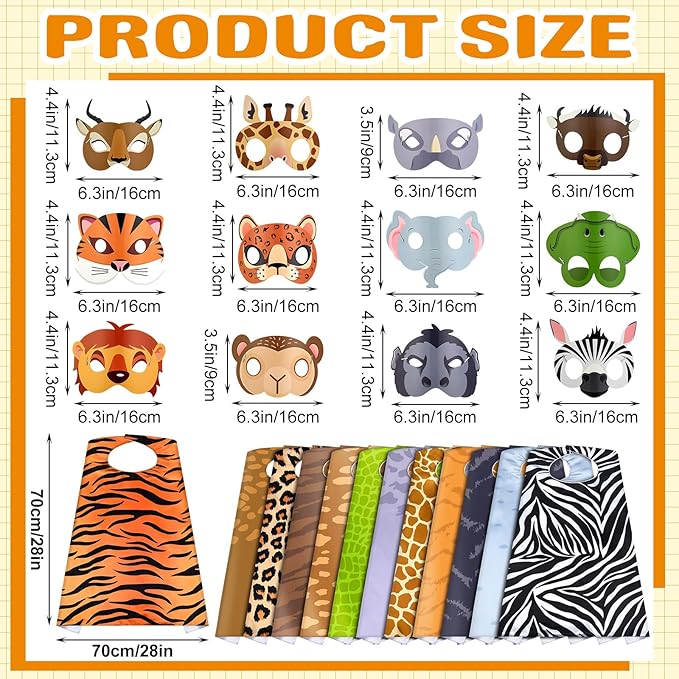 12 Set Safari Animal Mask and Capes Kids Jungle Safari Theme Party favors Cosplay Wild Birthday Decorations Animal Costumes Dress Up Set for Kids Birthday Party Supplies